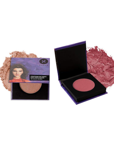 SUGAR Cosmetics Contour De Force Mini Blush - 02 Pink Pinnacle (Deep Rose)+Sugar Cosmetics Contour De Force Mini Highlighter - 02 Gold Glory (Golden Bronze), Multicolor, 8 g (Pack of 2)
